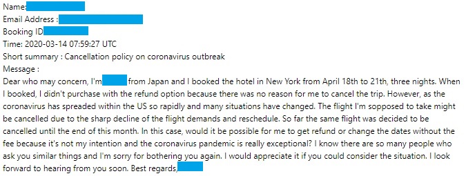 ニューヨーク　ホステル　アゴダ　キャンセル依頼メール